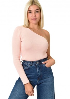 Potre OR - Πλεκτό τοπ με ανοιχτό ώμο Απαλό Ροζ 26013