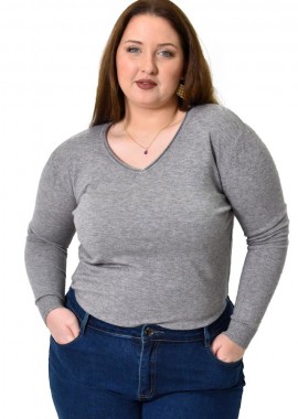 Potre OR - Πλεκτή μπλούζα ζέρσεϊ με V λαιμόκοψη για μεγάλα μεγέθη Γκρι 22778