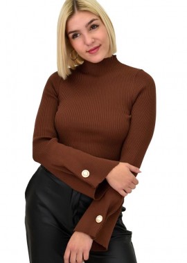 Potre OR - Γυναικείο τοπ με καμπάνα μανίκια και κουμπί Καφέ 22225