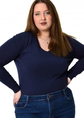 Potre OR - Πλεκτή μπλούζα ζέρσεϊ με V λαιμόκοψη για μεγάλα μεγέθη Μπλε Σκούρο 22784