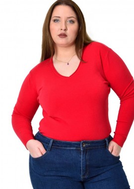Potre OR - Πλεκτή μπλούζα ζέρσεϊ με V λαιμόκοψη για μεγάλα μεγέθη Κόκκινο 22785