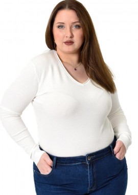 Potre OR - Πλεκτή μπλούζα ζέρσεϊ με V λαιμόκοψη για μεγάλα μεγέθη Λευκό 22786