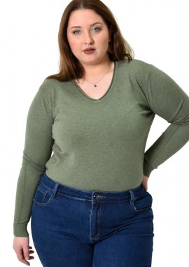 Potre OR - Πλεκτή μπλούζα ζέρσεϊ με V λαιμόκοψη για μεγάλα μεγέθη Χακί 22788