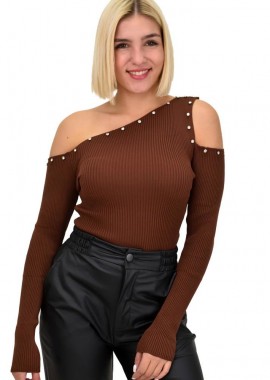 Potre OR - Γυναικείο τοπ με έξω ώμους και στρας Καφέ 22221