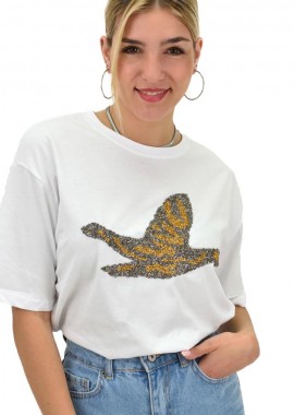 Potre OR - Γυναικείο T-shirt με στρας σε διχρωμία Λευκό 20023