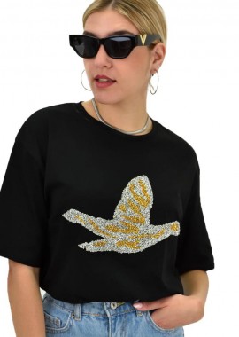 Potre OR - Γυναικείο T-shirt με στρας σε διχρωμία Μαύρο 20024