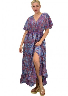 Potre OR - Γυναικείο μεταξωτό boho φόρεμα με κουμπιά χωρίς ζώνη Μπλε 20984