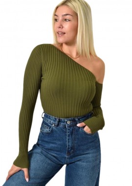 Potre OR - Πλεκτό τοπ με μακρύ μανίκι ασύμμετρο Λαδί 25981