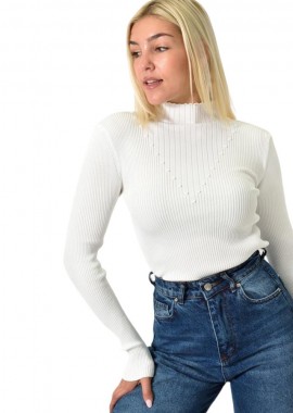 Potre OR - Πλεκτό τοπ με σχέδιο στο V Λευκό 25976