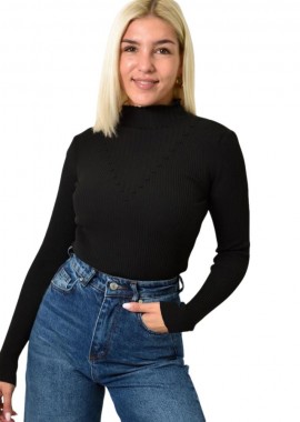 Potre OR - Πλεκτό τοπ με σχέδιο στο V Μαύρο 25977