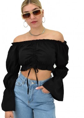 Potre OR - Γυναικείο crop τοπ με βολάν στα μανίκια Μαύρο 13801