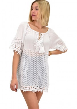 Potre OR - Γυναικεία μπλούζα με δαντέλα και δέσιμο στο μπούστο Λευκό 20544