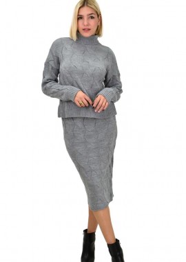 Potre OR - Γυναικείο πλεκτό σετ με σχέδιο πλεξούδες Γκρι 22290