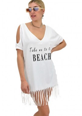 Potre OR - Γυναικειά μπλούζα-φόρεμα κοντομάνικη με ώμους έξω Λευκό 10792