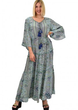 Potre OR - Γυναικείο μεταξωτό boho φόρεμα με βολάν Φυστικί 20558