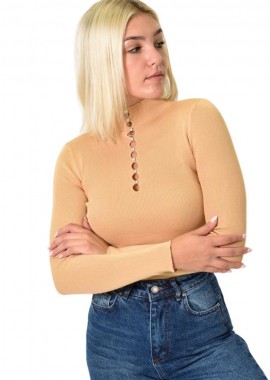 Potre OR - Πλεκτό Ριπ Τοπ με Ψηλό Λαιμό μακρυμάνικο και Στρας Μπεζ 25956