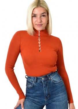 Potre OR - Πλεκτό Ριπ Τοπ με Ψηλό Λαιμό μακρυμάνικο και Στρας Κεραμιδί 25955