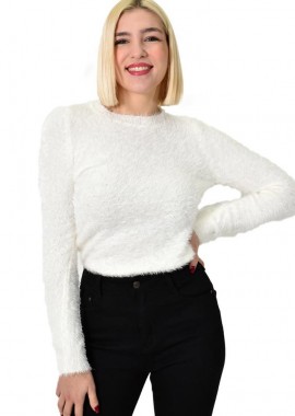 Potre OR - Γυναικείο χνουδωτό πουλόβερ με στρογγυλή λαιμόκοψη Εκρού 22845