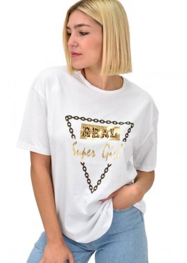 Potre OR - Γυναικείο T-Shirt με Χρυσό-Μαύρο Τύπωμα Real & Πέρλες Λευκό 22273