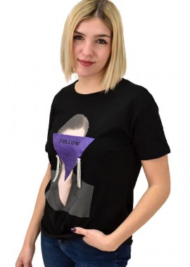 Potre OR - Γυναικείο T-shirt με στρας Follow Μαύρο 18866
