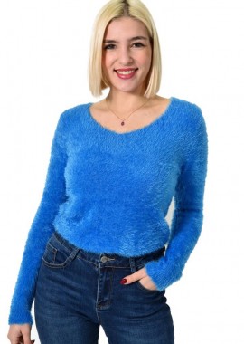 Potre OR - Γυναικείο χνουδωτό πουλόβερ με V λαιμόκοψη Γαλάζιο 22846