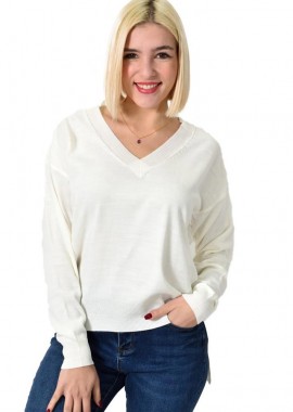 Potre OR - Γυναικείο πλεκτό μονόχρωμο με V λαιμόκοψη Εκρού 22911