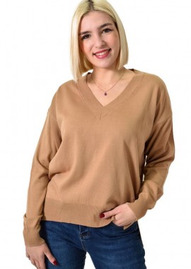 Potre OR - Γυναικείο πλεκτό μονόχρωμο με V λαιμόκοψη Καφέ 22912