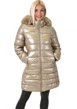 Potre OR - Μακρύ μπουφάν μεταλλικό με κουκούλα και γούνα Χρυσό 26138
