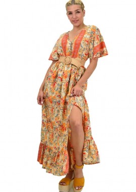 Potre OR - Γυναικείο μεταξωτό boho φόρεμα με κουμπιά χωρίς ζώνη Πορτοκαλί 21156