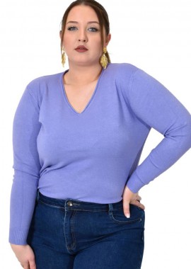 Potre OR - Πλεκτή μπλούζα ζέρσεϊ με V λαιμόκοψη για μεγάλα μεγέθη Λιλά 22954