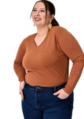 Potre OR - Πλεκτή μπλούζα ζέρσεϊ με V λαιμόκοψη για μεγάλα μεγέθη Καφέ 22953