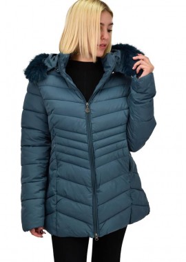 Potre OR - Γυναικείο μπουφάν με γούνα στην κουκούλα Πετρόλ 22307