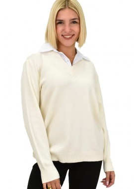 Potre OR - Γυναικεία oversized μπλούζα με γιακά Εκρού 21818