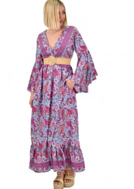 Potre OR - Γυναικείο μεταξωτό boho φόρεμα με τσέπες χωρίς ζώνη Γαλάζιο 19434