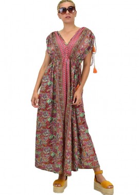 Potre OR - Γυναικείο μεταξωτό boho φόρεμα με κρόσια Φυστικί 21188