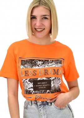 Potre OR - Γυναικείο T-shirt με στρας LESS DRAMA Πορτοκαλί 18977