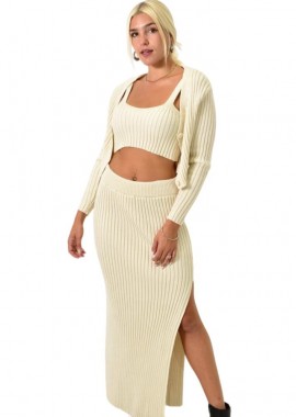 Potre OR - Πλεκτό Σετ με ζακέτα φούστα και τοπ Εκρού 25624
