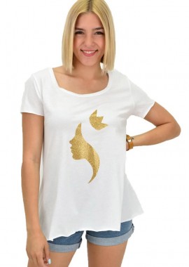 First Woman - Γυναικεία μονόχρωμη μπλούζα με χρυσό τύπωμα Λευκό 20993