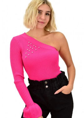 Potre OR - Γυναικείο πλεκτό τοπ με ένα ώμο και βολάν Φούξια 18031