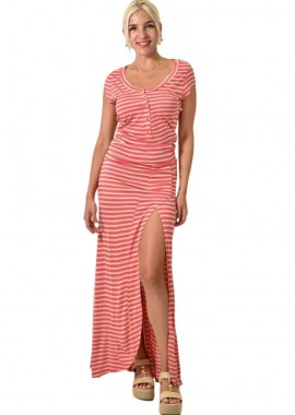 First Woman - Ριγέ Μακρύ Φόρεμα με Κουμπιά στο στηθος και Άνοιγμα στο Πόδι Κοραλί 25549