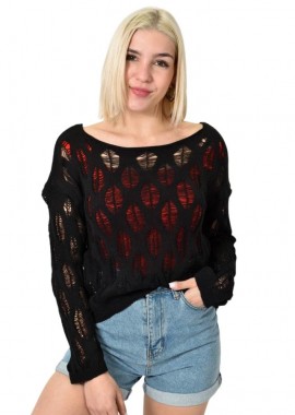 Potre OR - Γυναικεία πλεκτή μπλούζα με διάτρητο σχέδιο Μαύρο 23786
