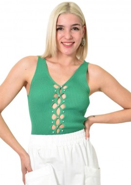 Potre OR - Πλεκτό τοπ με άνοιγμα και στρας Πράσινο 23735