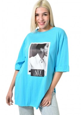 First Woman - Μπλούζα μονόχρωμη με ανοίγματα και στάμπα Γαλάζιο 23666