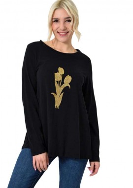 First Woman - Μονόχρωμη μπλούζα με χρυσό τύπωμα Μαύρο 23283