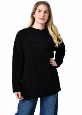 Potre OR - Oversized Πλεκτή Μπλούζα με Στρογγυλή Λαιμόκοψη & Ριμπ Λεπτομέρειες Μαύρο 27303