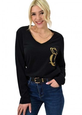 First Woman - Μονόχρωμη μπλούζα με χρυσό τύπωμα Μαύρο 23285