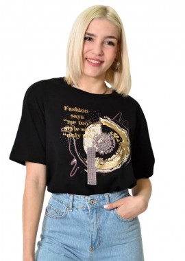 Potre OR - Γυναικείο T-shirt με τύπωμα και στρας Μαύρο 23769