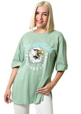 First Woman - Μπλούζα μονόχρωμη με ανοίγματα και στάμπα Φυστικί 23681