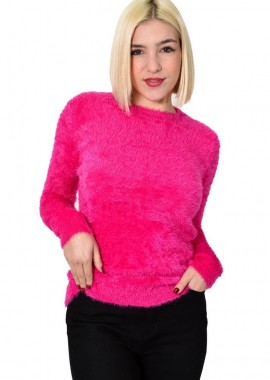 Potre OR - Γυναικείο χνουδωτό πουλόβερ με στρογγυλή λαιμόκοψη Φούξια 22841