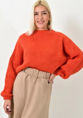 Potre OR - Πλεκτό Crop Πουλόβερ με Φουσκωτά Μανίκια Πορτοκαλί 23050
